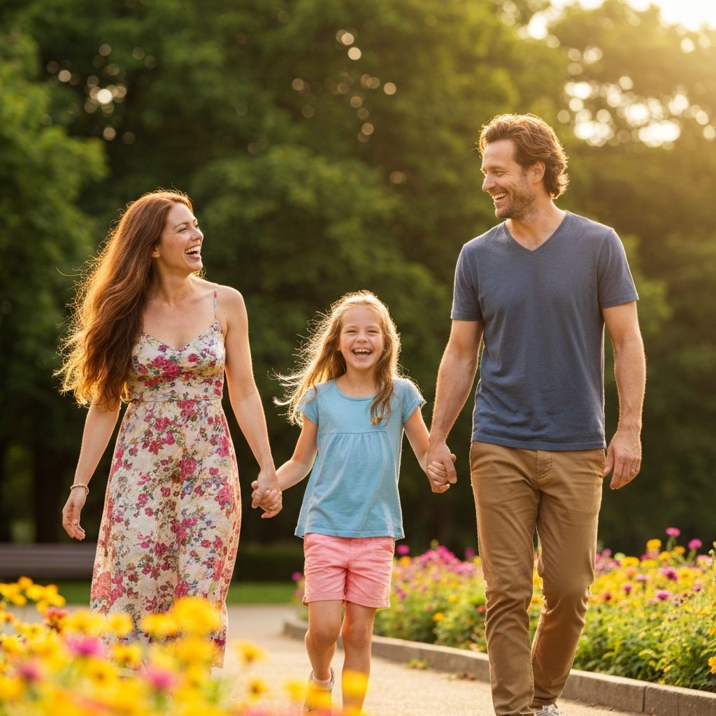 A happy family walking together in a park